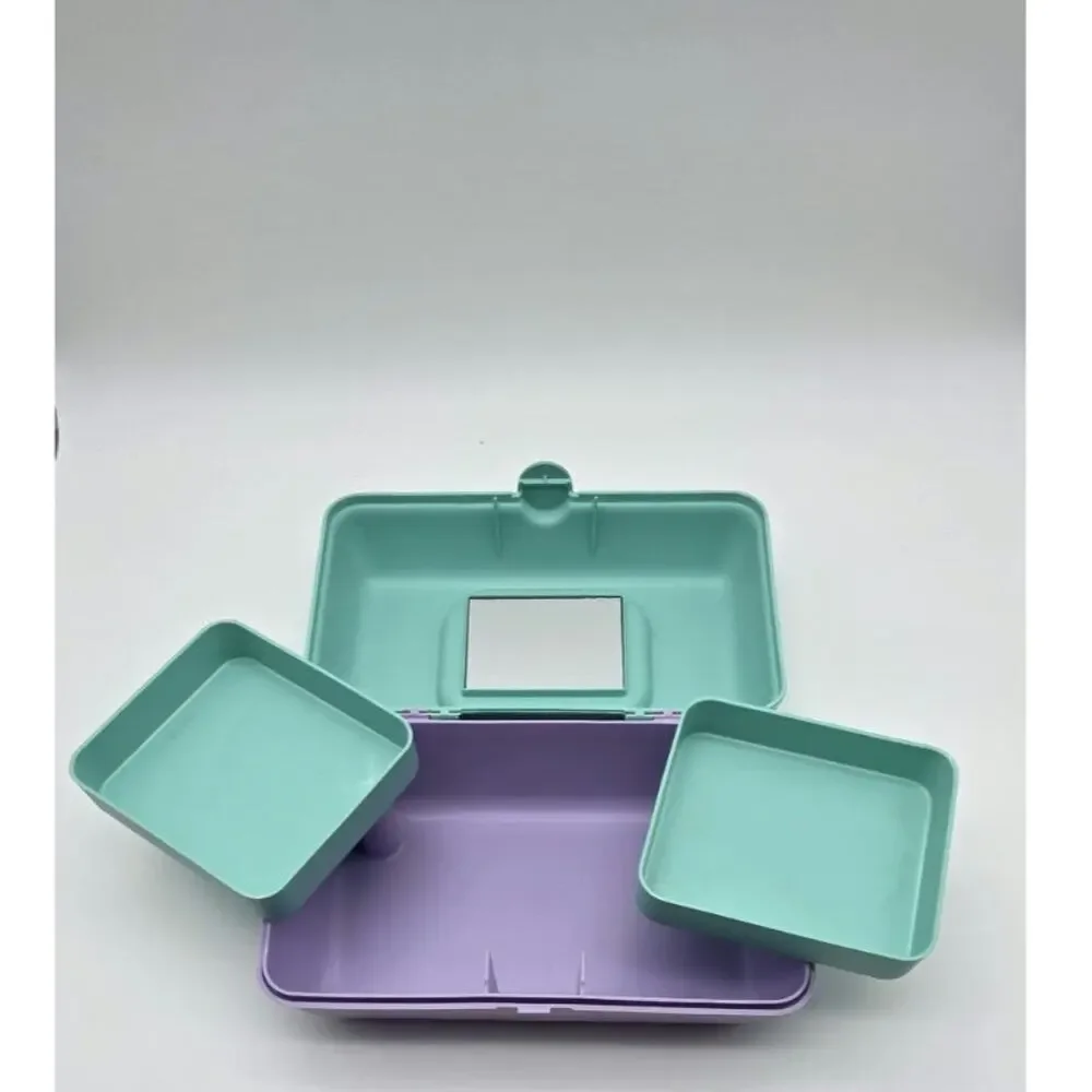 Vintage Style Pastel Makeup Cosmetic Case Mirror Removable Trays Teal Purple